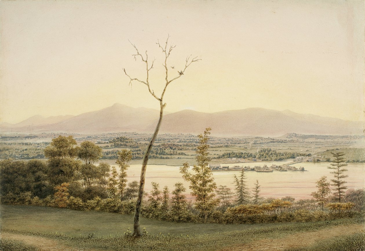 Early Twilight, Kaatskill Catskill Landing ja vuoret Hudsonin itärannalta, New York, 1840 (akvarelli, grafiitti, selektiivinen lasitus, guassi ja naarmuuntumista paperille tekijältä George Harvey