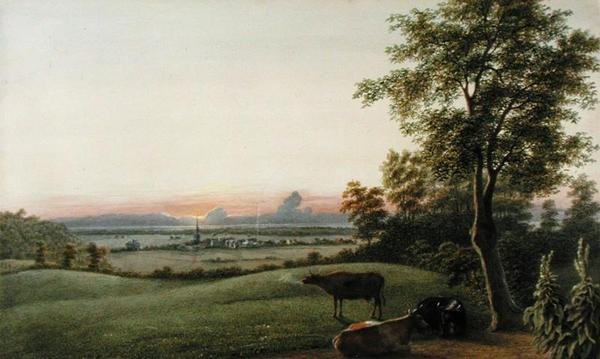 Auringonnousu - Flatbush ja valtameri Greenwoodin hautausmaalta, Long Island, New York, n. 1830-40 (akvarelli, guassi ja grafiitti paperille) tekijältä George Harvey