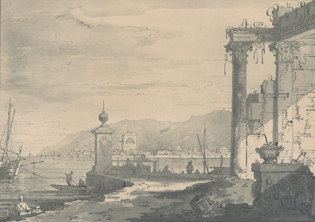 Rannikkokohtaus, jossa on klassinen raunio oikealla, 1811. tekijältä George Hawkins