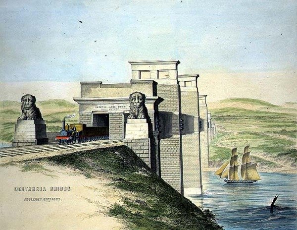 Britannia Bridge, Anglesey Entrance, taiteilijan kaiverrus, pubi. 1849 (väri litho) (mustavalko, katso 109679) tekijältä George Hawkins