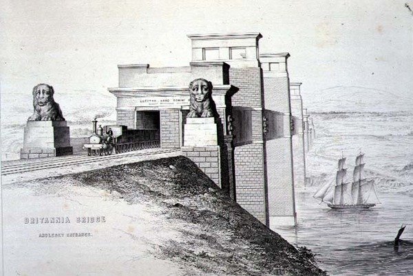 Britannia Bridge, Anglesey Entrance, taiteilijan kaiverrus, pubi. 1849 (litho) (värit, katso 122445) tekijältä George Hawkins