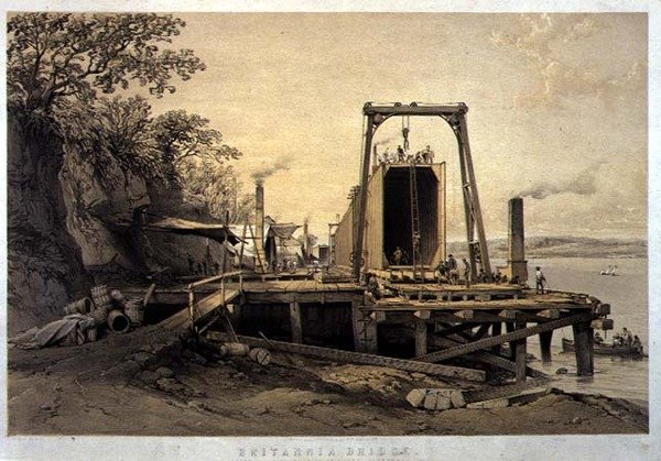 Britannia Bridge, Platform and Construction of Tubes, syyskuu 1848, taiteilijan kaivertama, pubi. 1849 (litho) tekijältä George Hawkins