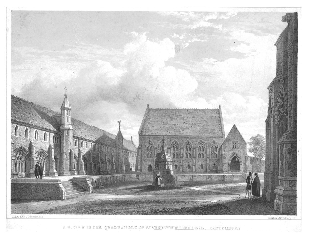 S.W. Näkymä Quadrangle of St. Augustines Collegessa, Canterburyssa, 1847. tekijältä George Hawkins