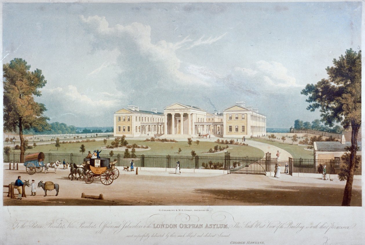 Lounaisnäkymä Lontoon orpojen turvapaikasta Lower Claptonissa, Hackney, Lontoo, c1830 tekijältä George Hawkins