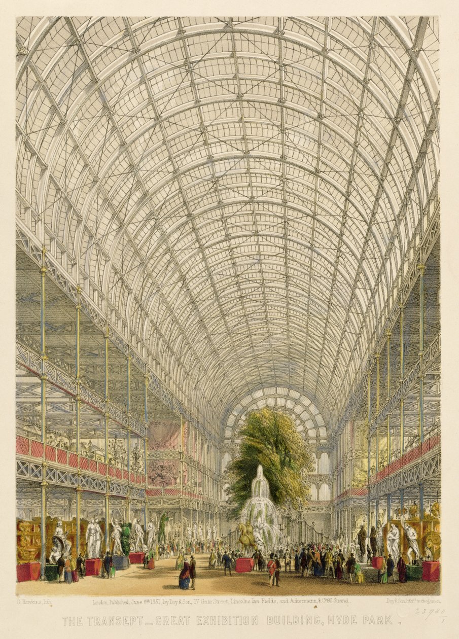 Crystal Palacen transept, pubi. by Day and Son und Ackermann und Co. (värillinen litho) tekijältä George Hawkins