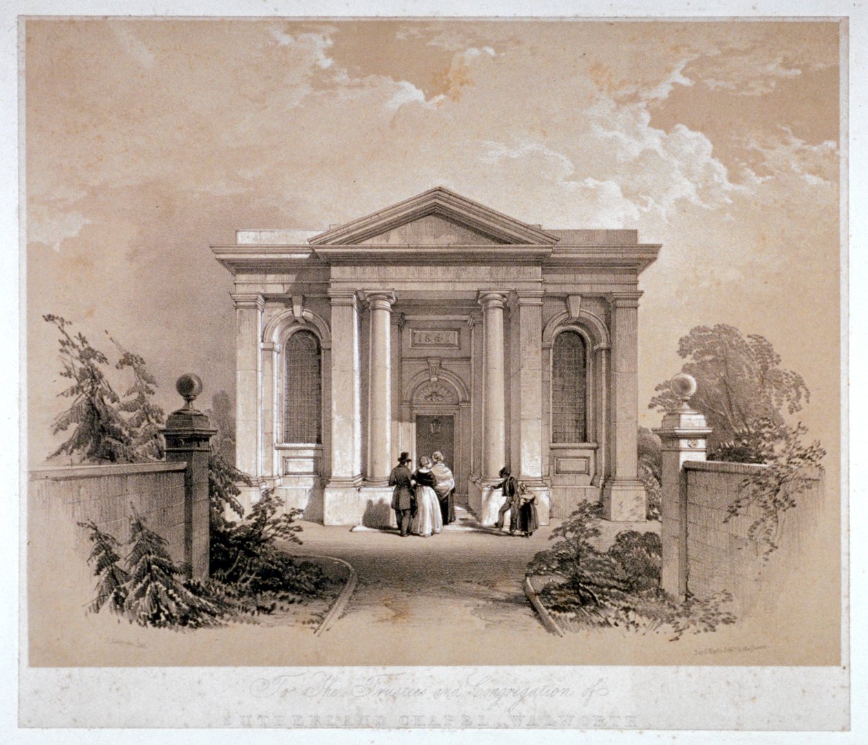 Näkymä Sutherland Chapelille, Walworth, Southwark, Lontoo, 1842 tekijältä George Hawkins