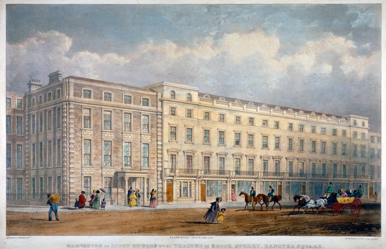 Näkymä kahdeksasta talosta Brook Streetissä, Westminsterissä, Lontoossa, vuonna 1840 tekijältä George Hawkins