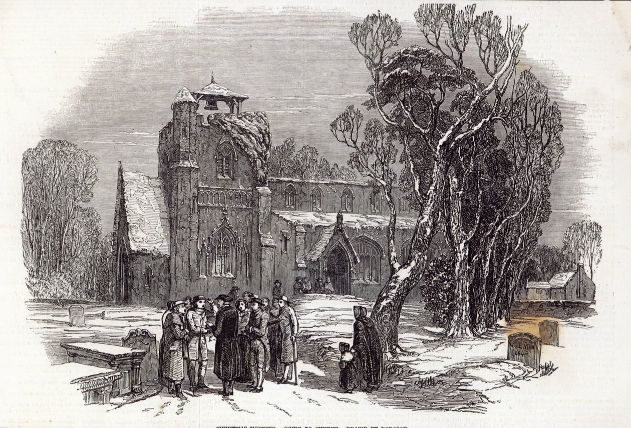 Jouluaamuna: W.J. Lintonin kaiverrus, The Illustrated London News -lehdestä, 26. joulukuuta 1846. tekijältä George Haydock Dodgson