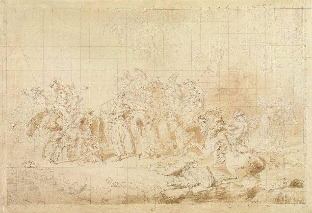 Kurdistanin Banditti auttoi georgialaisia tšerkessinaisten yllättämisessä ja poistamisessa n. 1827-28 (kynä ja ruskea muste kudospaperilla) tekijältä George Hayter