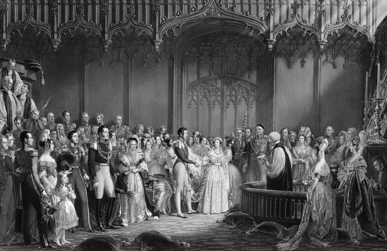 Kuningatar Victorian (1819-1901) ja prinssi Albertin (1819-61) häät St. Jamesin palatsissa 10. helmikuuta 1840, kaiverrus Charles Eden Wagstaff, 1840 tekijältä George Hayter