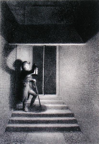 "The Glow Worm" esittää vartijaa Lansdown Passagessa, Westminsterissä, n. 1820 (litho) tekijältä George Hayter