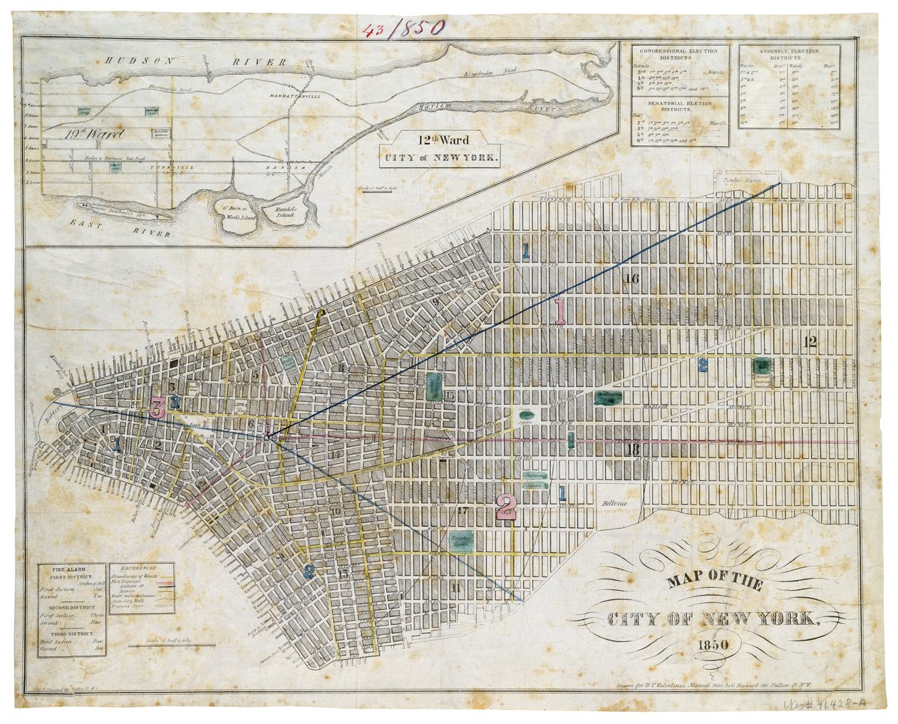 New Yorkin kaupungin kartta, 1850 (musta muste, väripesu, paperille) tekijältä George Hayward