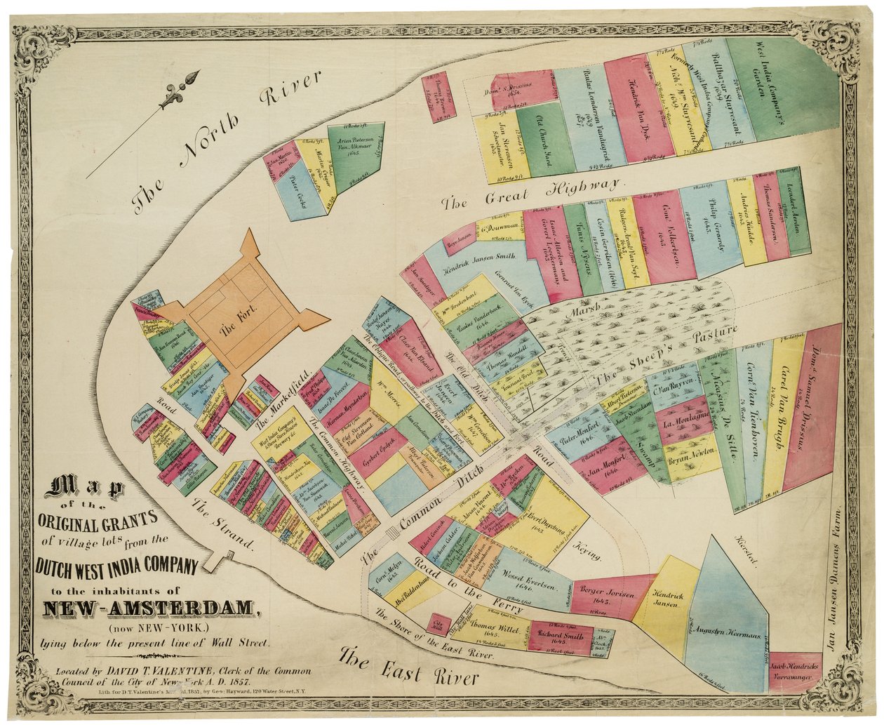 Kartta Dutch West India Companyn alkuperäisistä kylätonteista New-Amsterdamin (nykyinen New York) asukkaille nykyisen Wall Streetin linjan alapuolella, 1857 (musta muste, värillä) tekijältä George Hayward