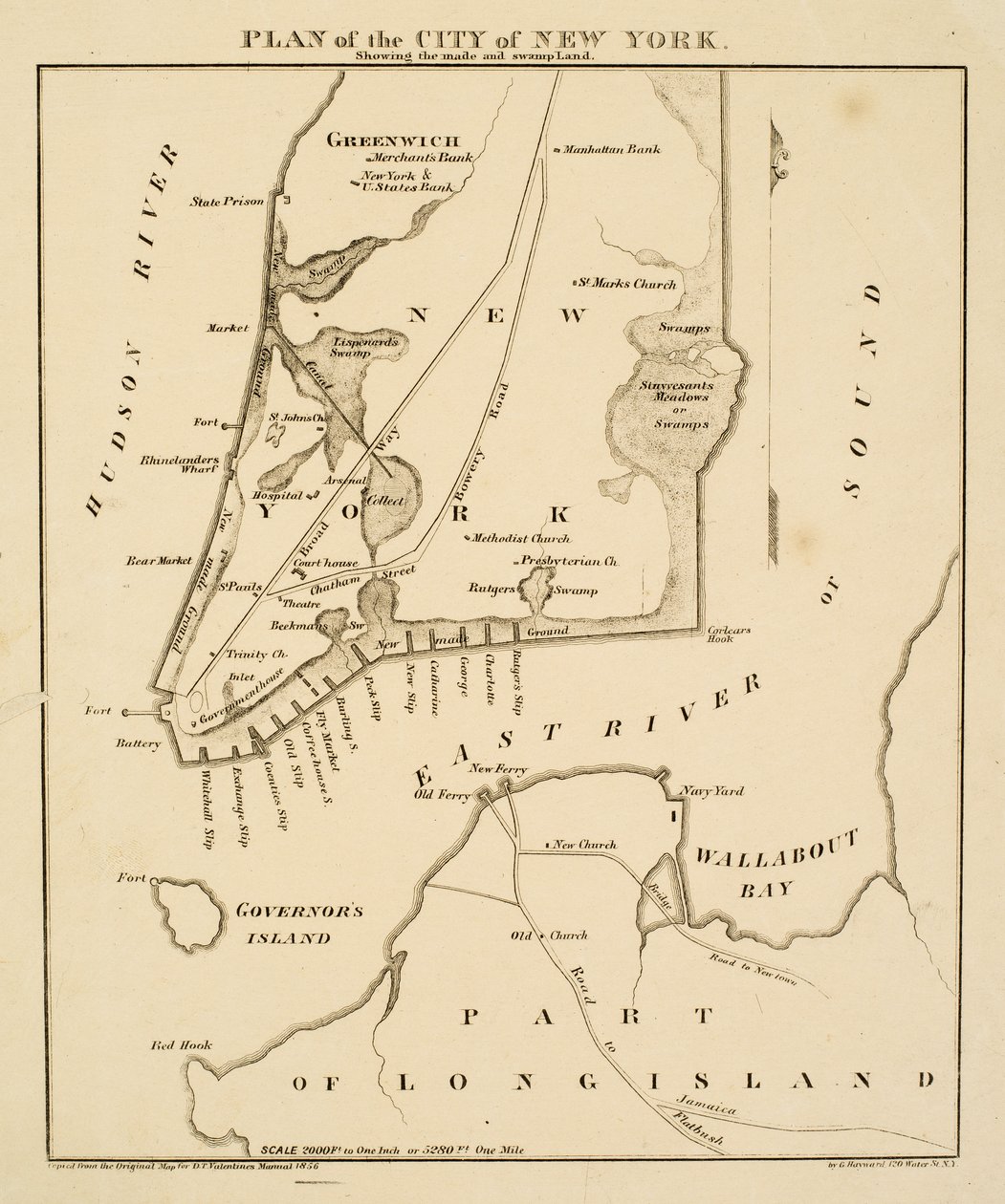 New Yorkin kaupungin suunnitelma, jossa näkyy tehty [sic] ja suoalue, 1856 (musta muste paperille) tekijältä George Hayward