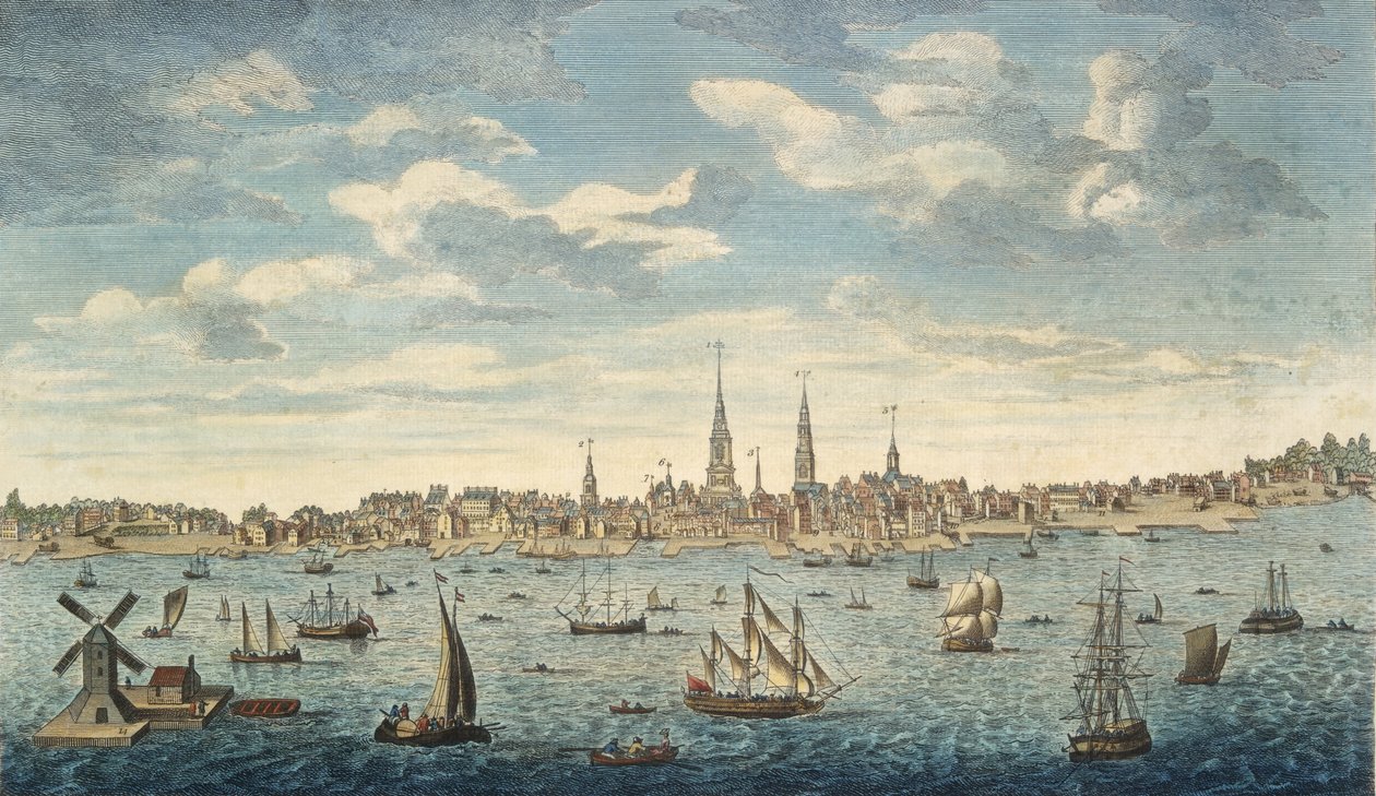 An East Prospective View Of the City of Philadelphia, in the Province of Pennsylvania, In North America: taken from the Jersey Shore, pub. Lontoo, 1774 (käsin väritetty kaiverrus). tekijältä George Heap