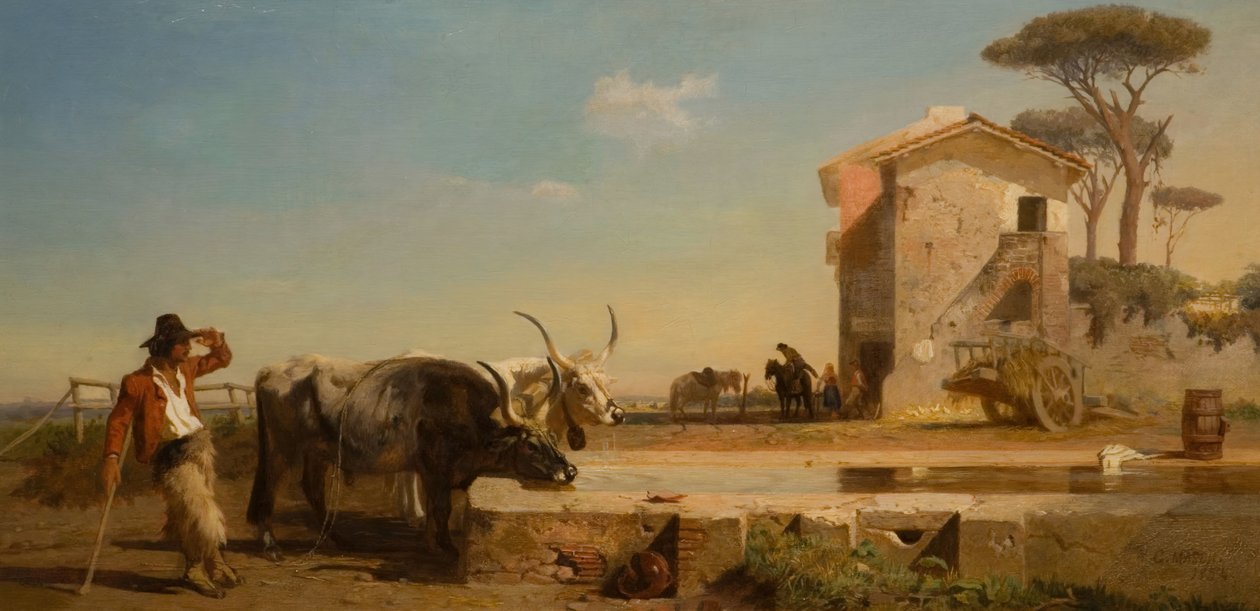 Nautaa juomapaikassa Campagnassa, Roomassa, 1854. tekijältä George Heming Mason