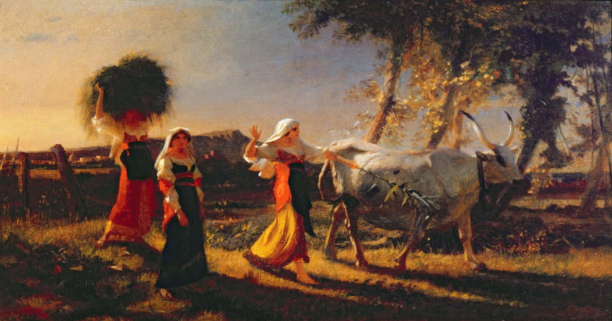 Italian talonpojan naiset Campagnassa ajamassa härkää tekijältä George Hemming Mason