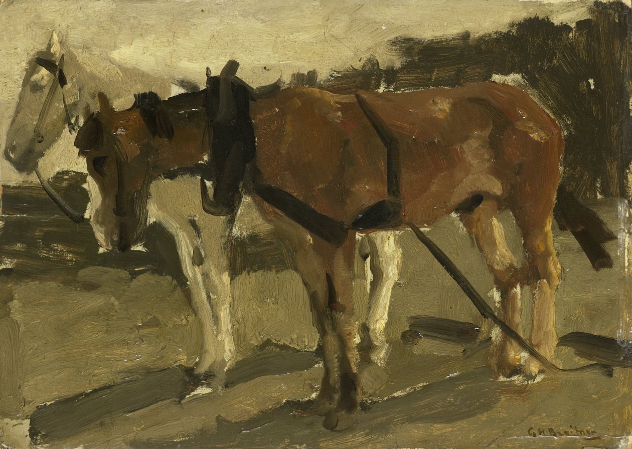 Um cavalo marrom e um cavalo branco em Scheveningenfinnish tekijältä George Hendrik Breitner