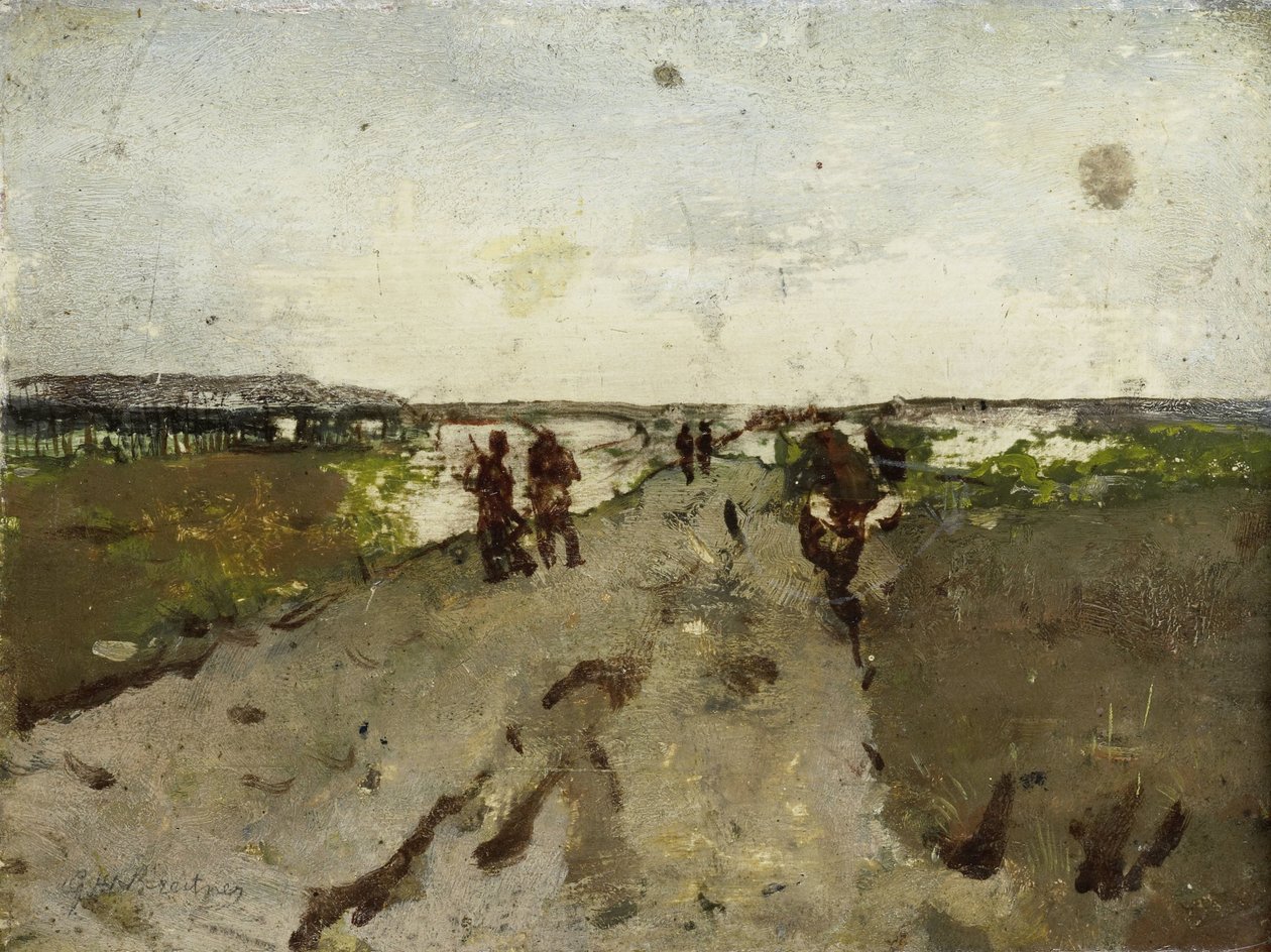 Maisema lähellä Waalsdorpia, jossa sotilaat liikkuvat tekijältä George Hendrik Breitner