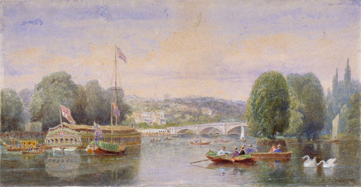 Thames-joki Richmond-sillalla ja Richmond Hillillä kaukaisuudessa, Lontoo, 1867 tekijältä George Henry Andrews