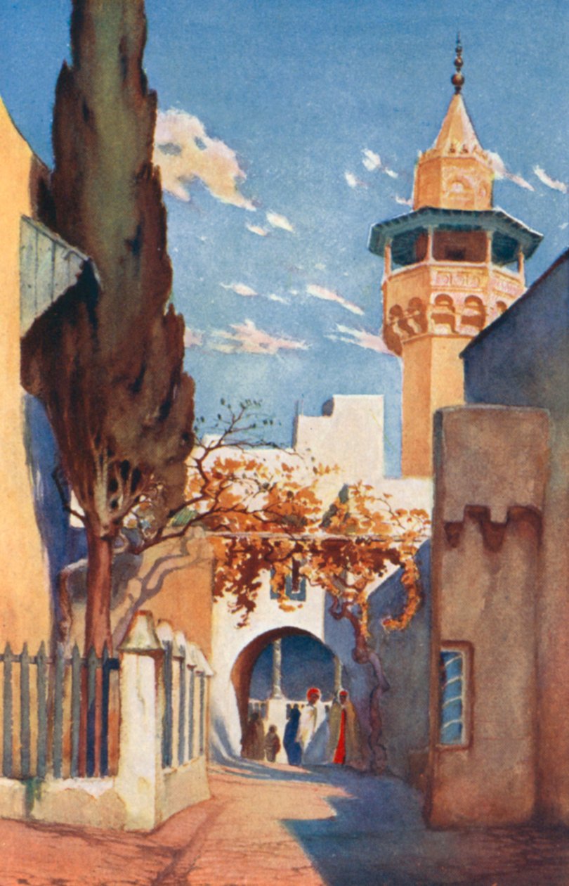 Moskeija Tunisin basaarissa (värilitografia) tekijältä George Henry Benton Fletcher