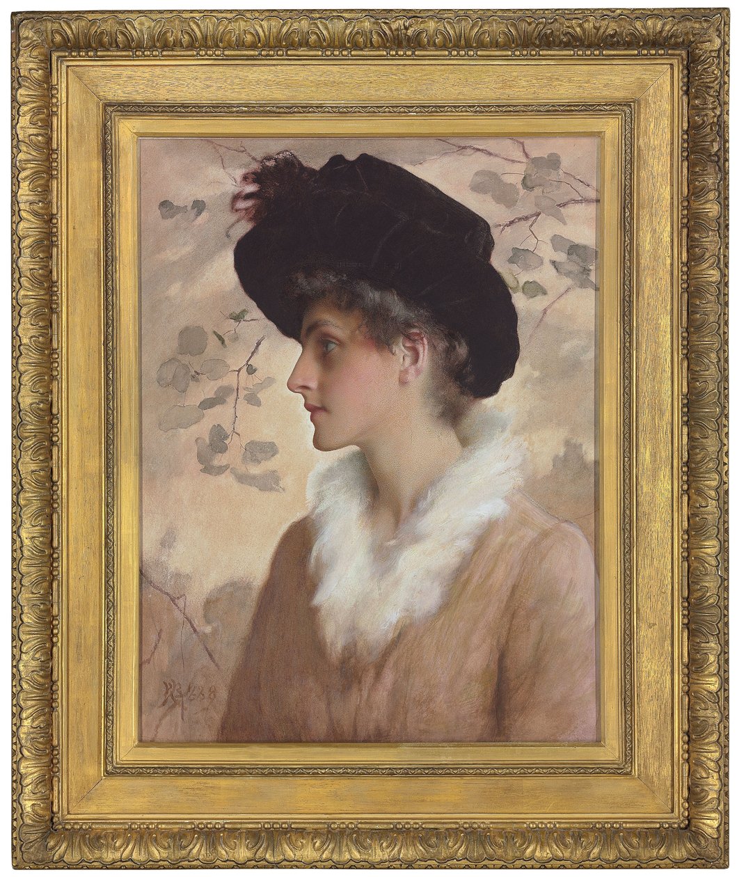 Naisen muotokuva, puolipitkä, musta hattu yllään ja turkisvarasto, 1888 tekijältä George Henry Boughton