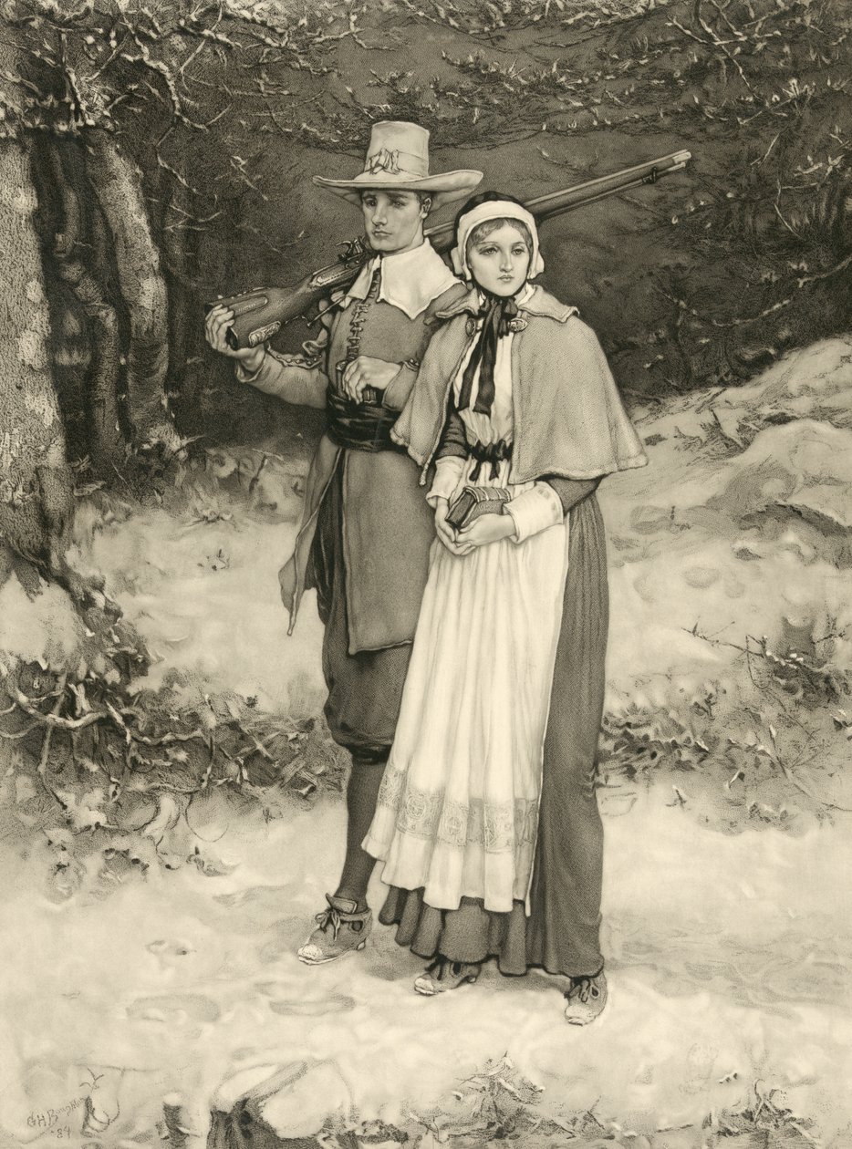 Puritaaninen pariskunta matkalla sunnuntain jumalanpalvelukseen, kaiverrus Thomas Gold Appleton, 1885 tekijältä George Henry Boughton