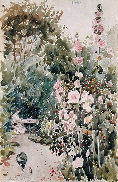 Tea in the Hollyhock Garden, Dives, n. 1890 (akvarelli ja kynä paperille) tekijältä George Henry Clements