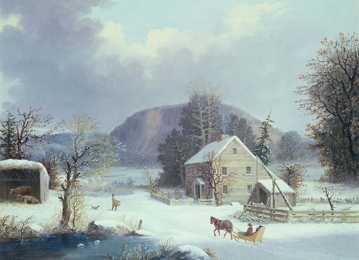 New England Farm Winter Roadin varrella, 1854 tekijältä George Henry Durrie