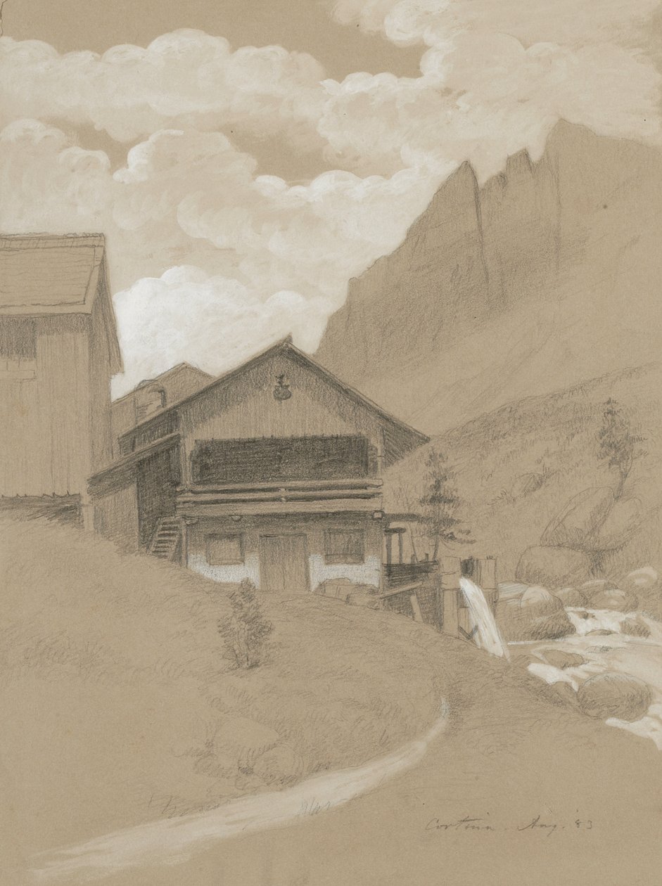 Talo Alpeilla, Cortina, 1883 (grafiitti valkoisella guassilla ruskealla kudospaperilla) tekijältä George Henry Hall