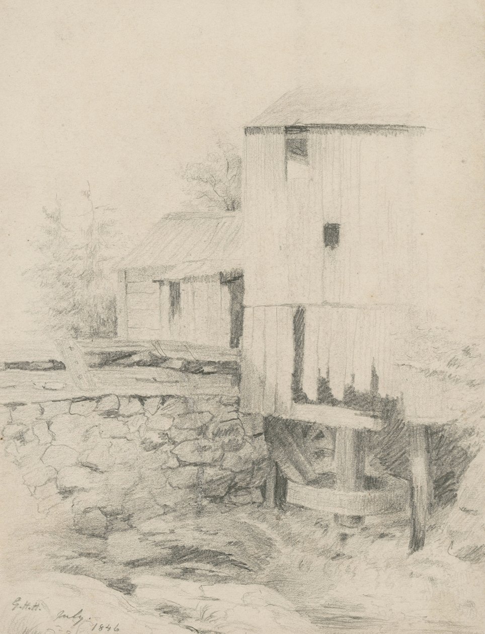 Vanha mylly, 1846 (grafiittia kiillotetulla paperilla) tekijältä George Henry Hall
