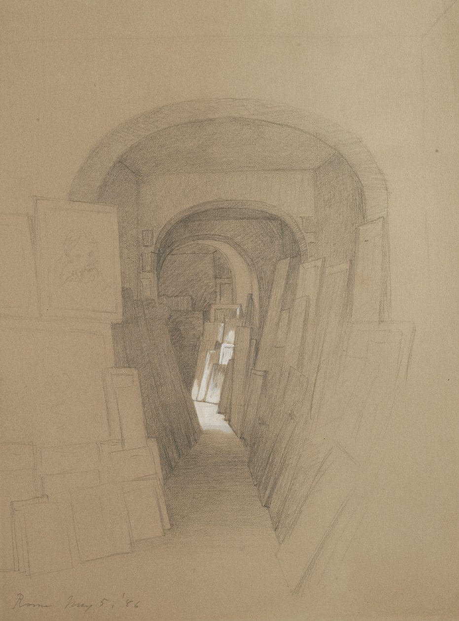 Untitled - Artists Studio, Rooma, 1886 (grafiittia korotettu valkoisella guassilla ruskealla kudospaperilla) tekijältä George Henry Hall