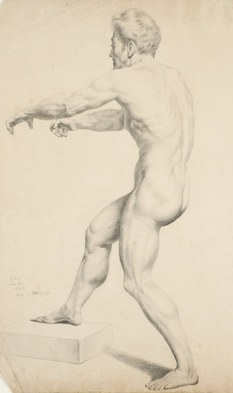 Nimetön – litografiasta kopioitu miesaktio, 1842 (grafiittia kiiltävällä kudospaperilla) tekijältä George Henry Hall