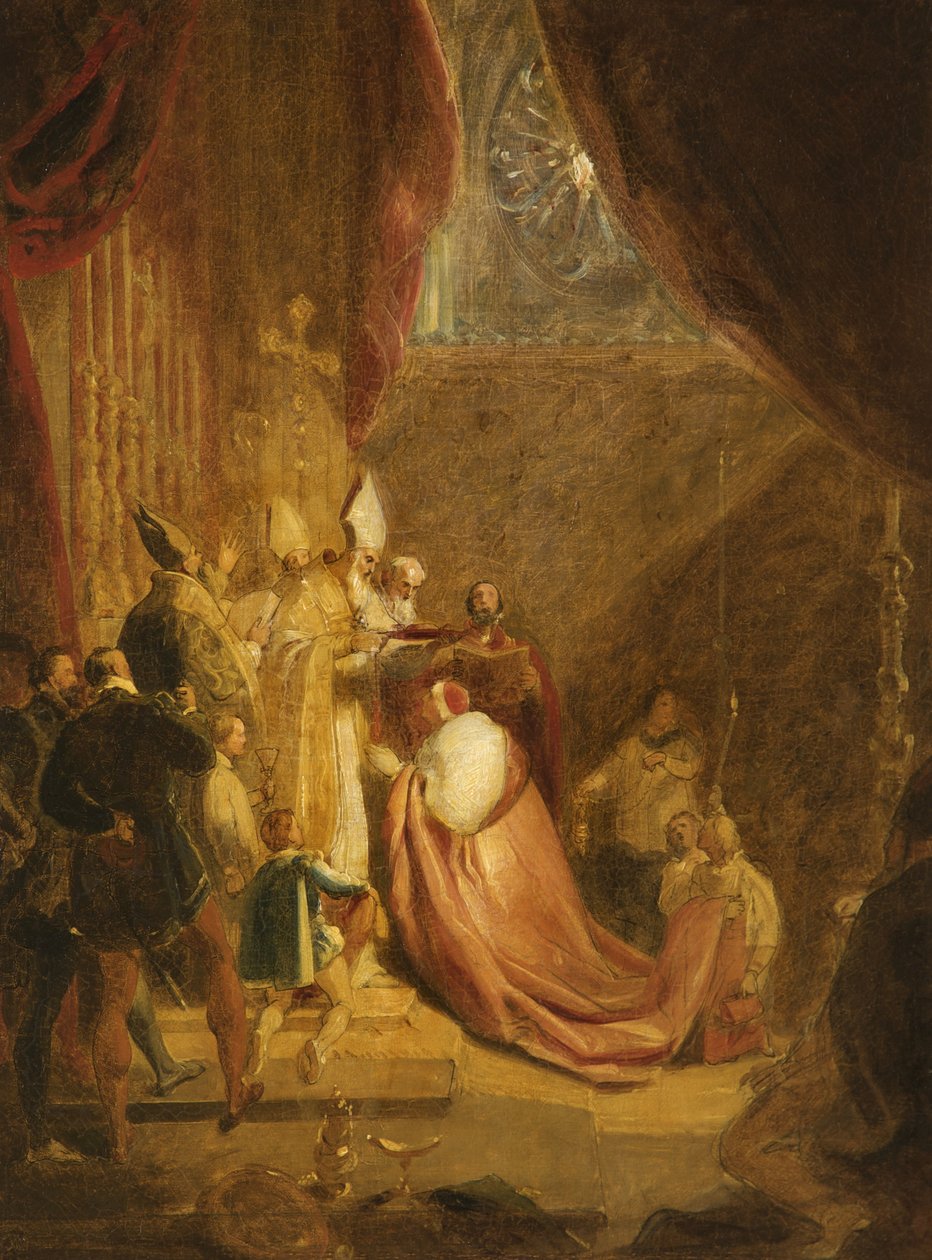 Wolsey vastaanottaa Cardinalsin hatun Westminster Abbeyssa tekijältä George Henry Harlow