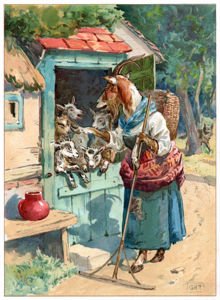 Vuohiäiti ja hänen pienokaiset, kuvitus "Once Upon a Time" -julkaisusta, kustantaja Ernest Mister, n. 1900 (värilitho) tekijältä George Henry Thompson