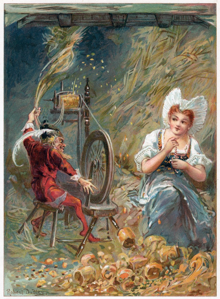 Rumpelstiltskin kehruu, kuvitus "Once Upon a Time", kustantaja Ernest Mister, n. 1900 (värilitho) tekijältä George Henry Thompson