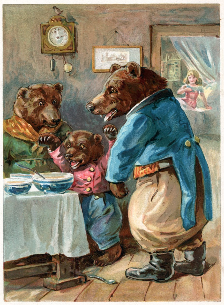 "Kuka on syönyt puuroani?", kuvitus "Once Upon a Time", jonka on julkaissut Ernest Mister, n. 1900 (värilitho) tekijältä George Henry Thompson