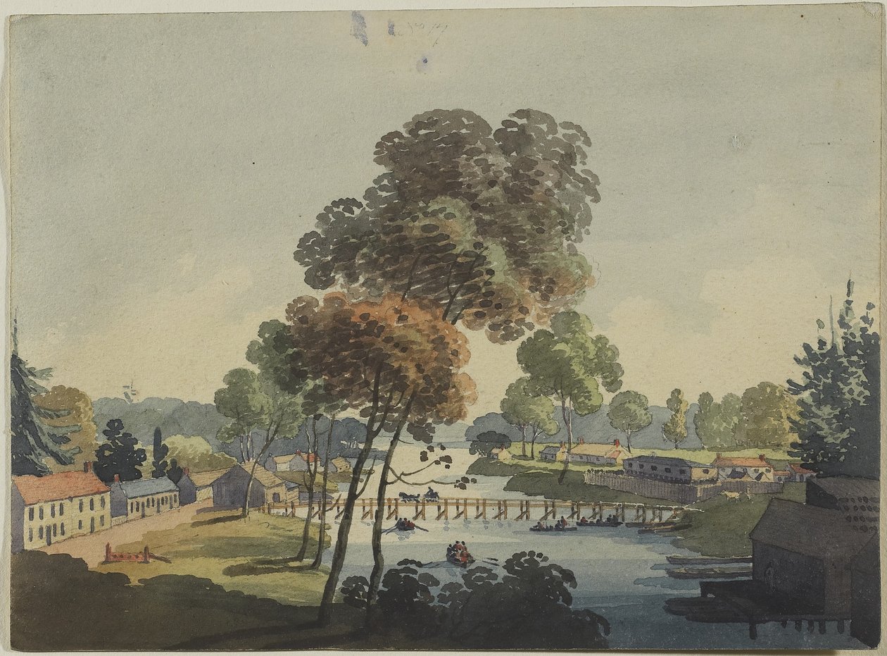 Chippawan kylä lähellä Niagaran putouksia, n. 1801 (wc kudospaperilla) tekijältä George Heriot