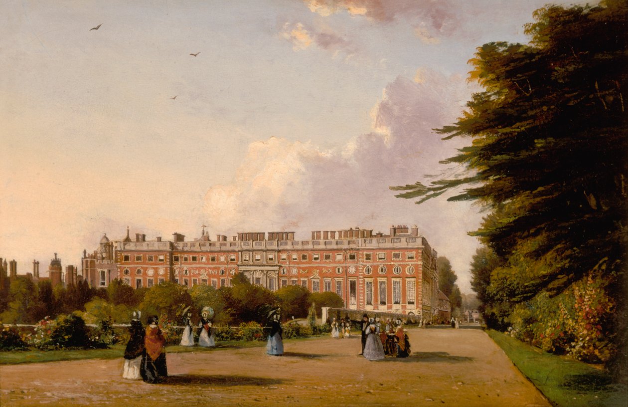 Näkymä Hampton Court Palacen etelärintamalta Broad Walkilta, n. 1827-1849 (öljy kankaalle) tekijältä George Hilditch
