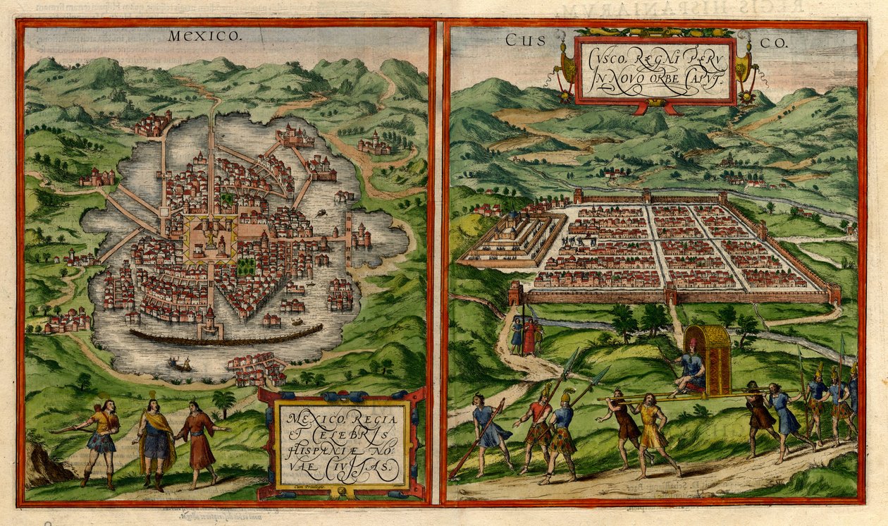 Näkymät Mexico Cityyn (entinen Tenochtitlán) ja Cuscoon. tekijältä George & Hogenberg Frans & Pinet Antoine du Braun