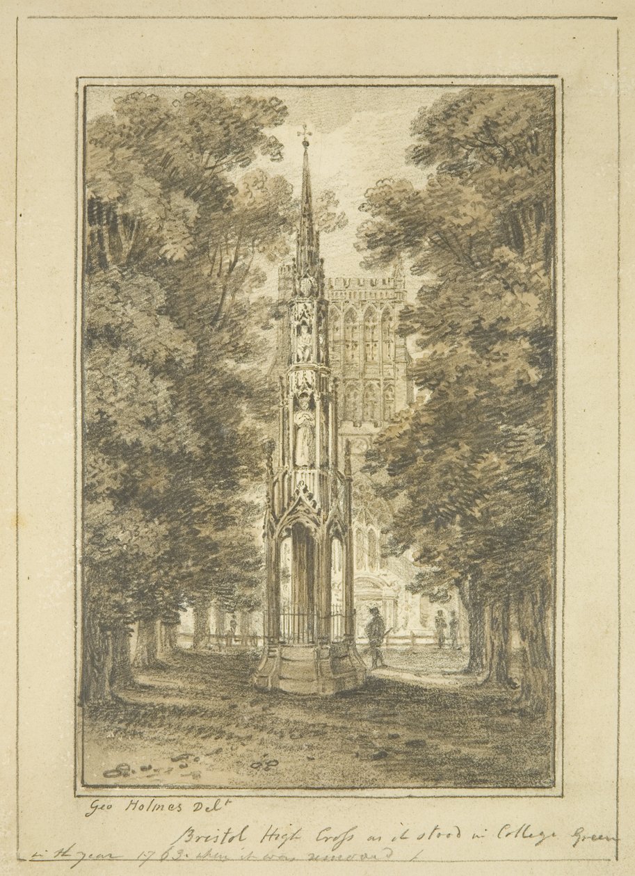 Bristol High Cross sellaisena kuin se seisoi College Greenissä vuonna 1763 (kynä ja akvarelli paperilla) tekijältä George Holmes