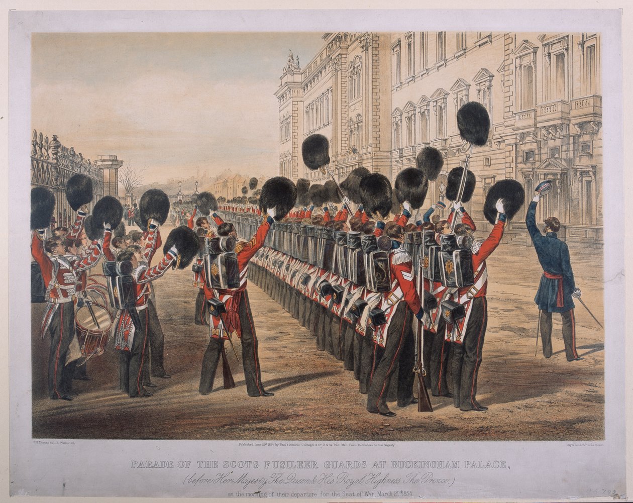 Scots Fusilier Guards -paraati Buckinghamin palatsissa aamulla, jolloin he lähtivät Seat of Wariin, 2. maaliskuuta 1854, kaiverrus E. Walker, julkaisija Colnaghi und Co., 1854 tekijältä George Housman Thomas