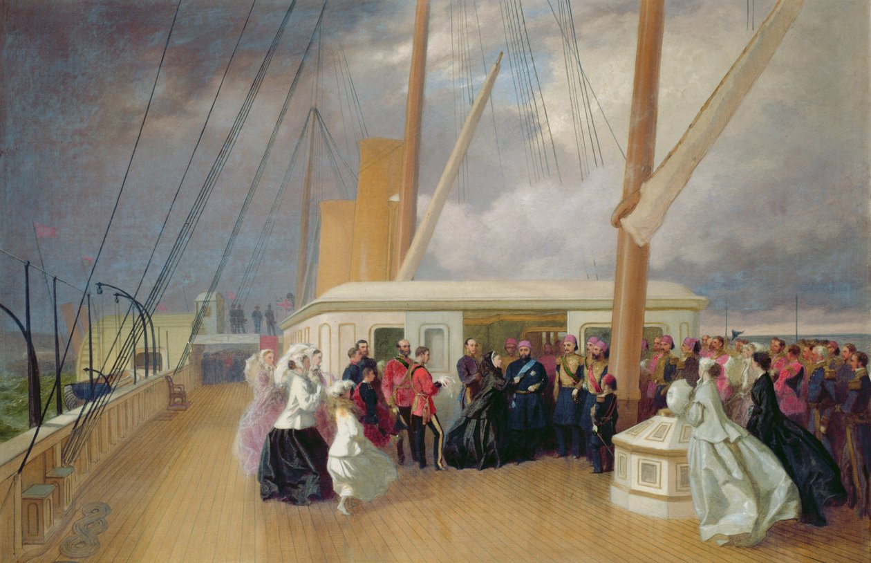 Kuningatar Victoria sijoittaa sulttaanille Sukkanauharitarikunnan kuninkaalliseen huviveneeseen, 17. heinäkuuta 1867, 1867 tekijältä George Housman Thomas