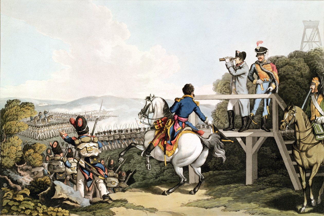 Bonaparte (1769-1821) Juuri ennen lentoaan katselemassa keisarillisen vartijansa hyökkäystä Waterloossa, 18. kesäkuuta 1815, kaiverrus Matthew Dubourg (fl.1813-20) tekijältä George Hum