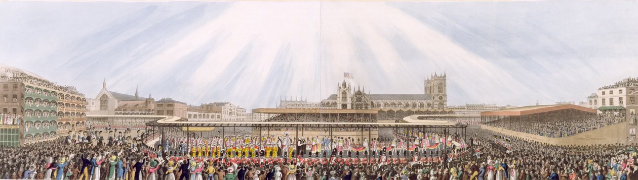 Näkymä kuningas Yrjö IV:n kruunauskulkueesta Westminster Hallista Abbeyyn, 19. heinäkuuta 1821 (akvatinta) tekijältä George Humphrey