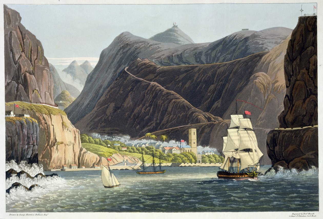 The Roads, St. Helena, kaiverrus Robert Havell (1793-1878) 1815 (värikaiverrus) tekijältä George Hutchins Bellasis
