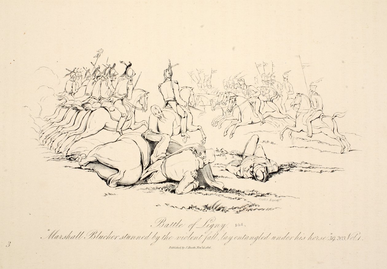 Battle of Ligny: Marshall Blucher järkyttynyt rajusta putoamisesta makasi sotkeutuneena hevosensa alle, pubi J. Booth, 1816 tekijältä George Jones