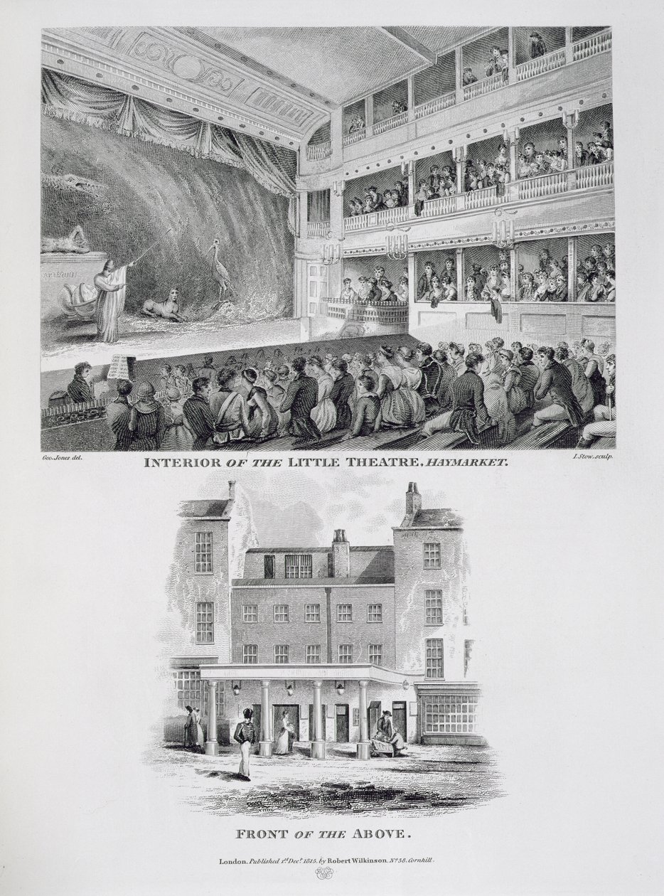 Pienen teatterin, Lontoon Haymarketin ja ylemmän etuosan sisätilat, kaiverrus James Stow (n. 1770-1820) 1815 tekijältä George Jones
