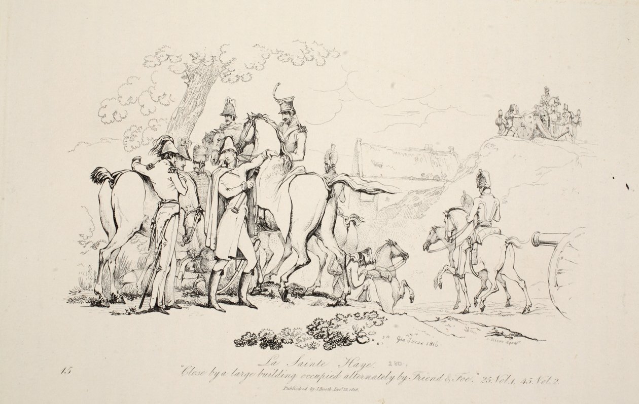 La Sainte Haye: Suuren rakennuksen lähellä, jossa vuorotellen ovat Friend ja Foe, pubi. J. Booth, 1816 tekijältä George Jones