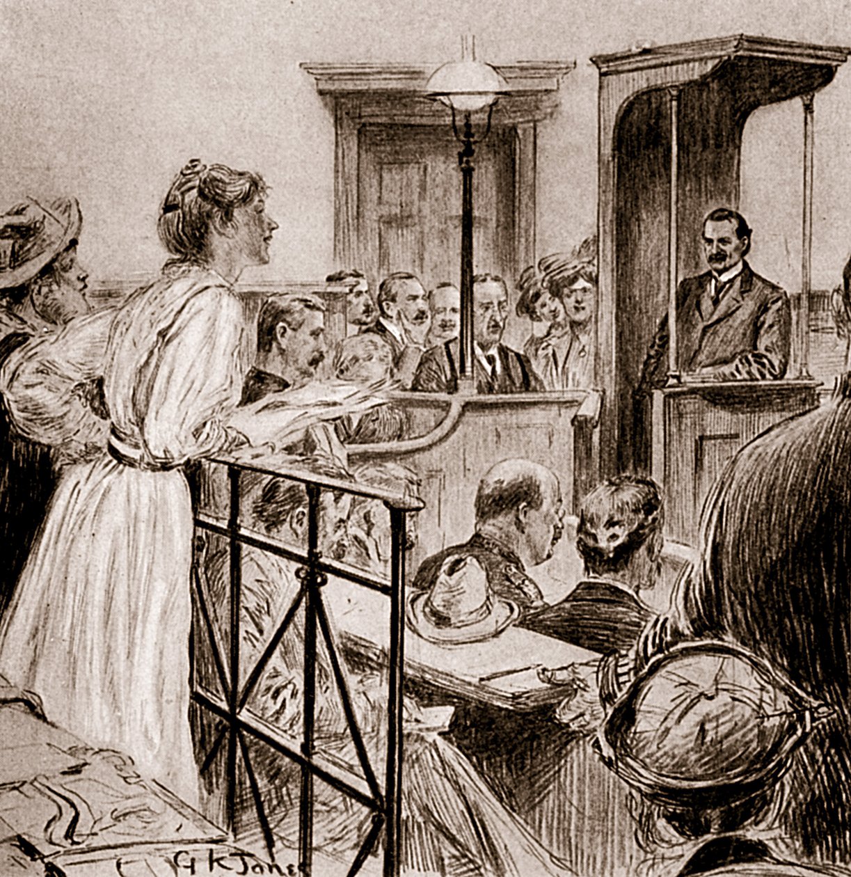 Neiti Christabel Pankhurst kuulustelee Herbert Gladstonea, 1909 (piirustus) tekijältä George Kingston Jones
